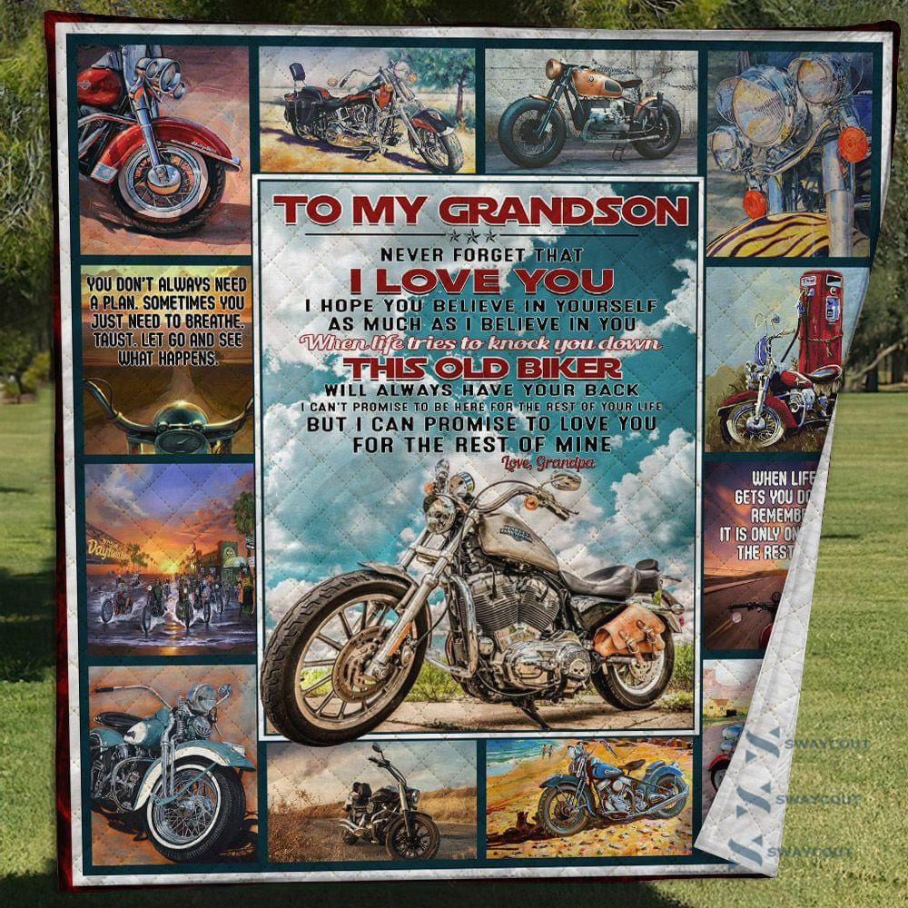 To My Grandson Love Grandpa Biker I Love You Quilt Blanket