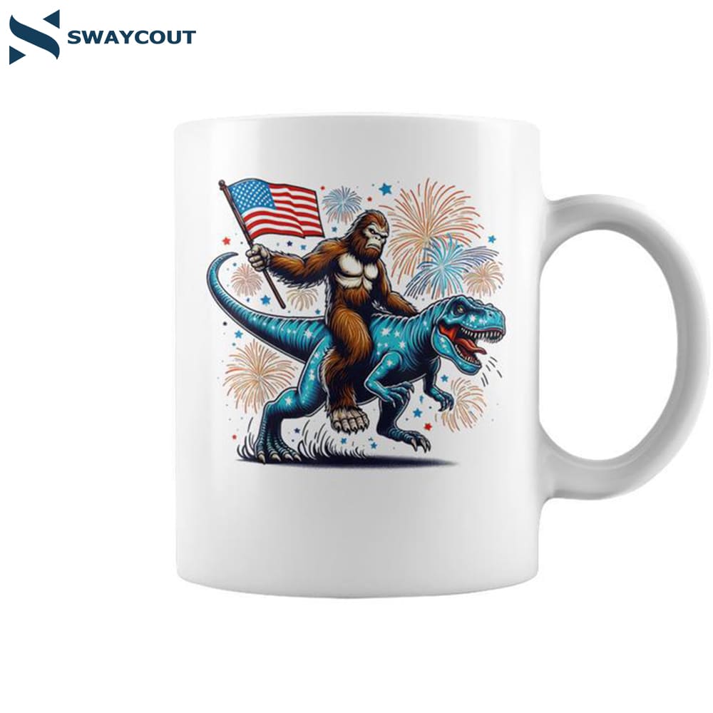 Bigfoot Fireworks Riding A T-rex With Usa Flag 4th Of July Coffee Mug